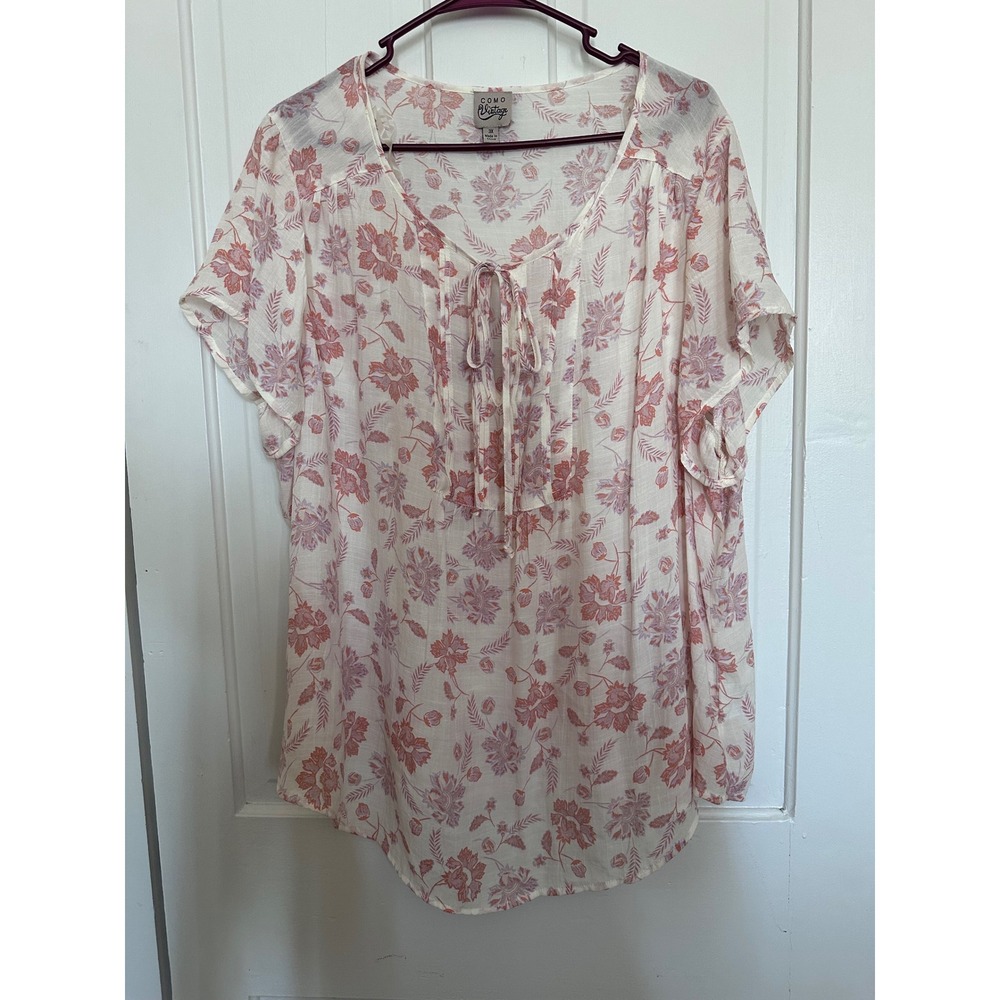 Como Vintage Women 3X Floral Short Sleeve Tie Neck Blouse F2U000TSC3 White Pink